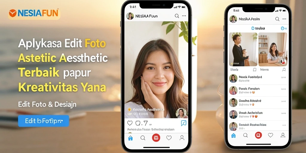 Screenshot antarmuka aplikasi NESIAFUN dengan fitur Edit Foto Aesthetic.